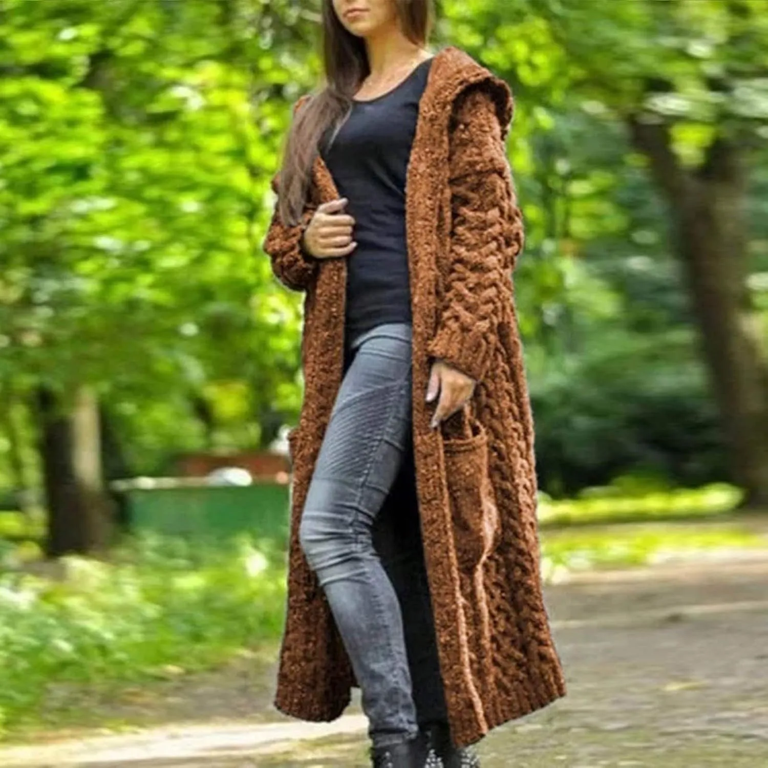 Women Winter Solid Knitted Cardigan Sweaters Plus Size Chunky Knit Sweater Loose Hooded Long Sweater Pocket Coats