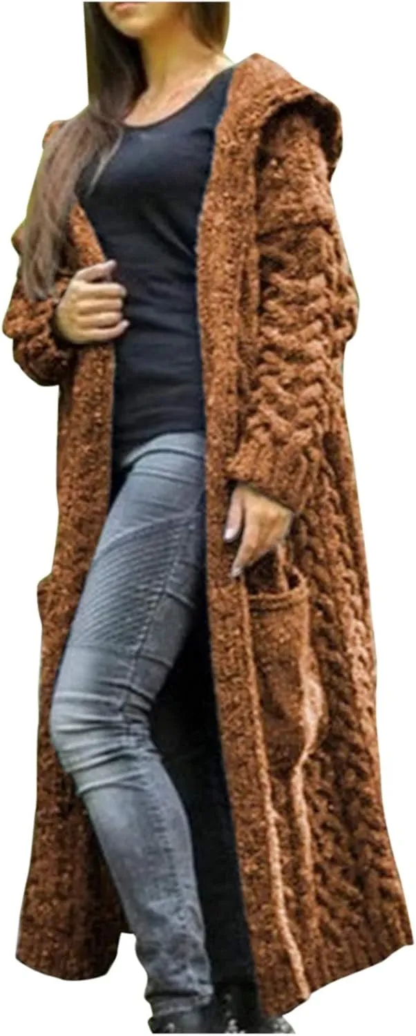 Women Winter Solid Knitted Cardigan Sweaters Plus Size Chunky Knit Sweater Loose Hooded Long Sweater Pocket Coats