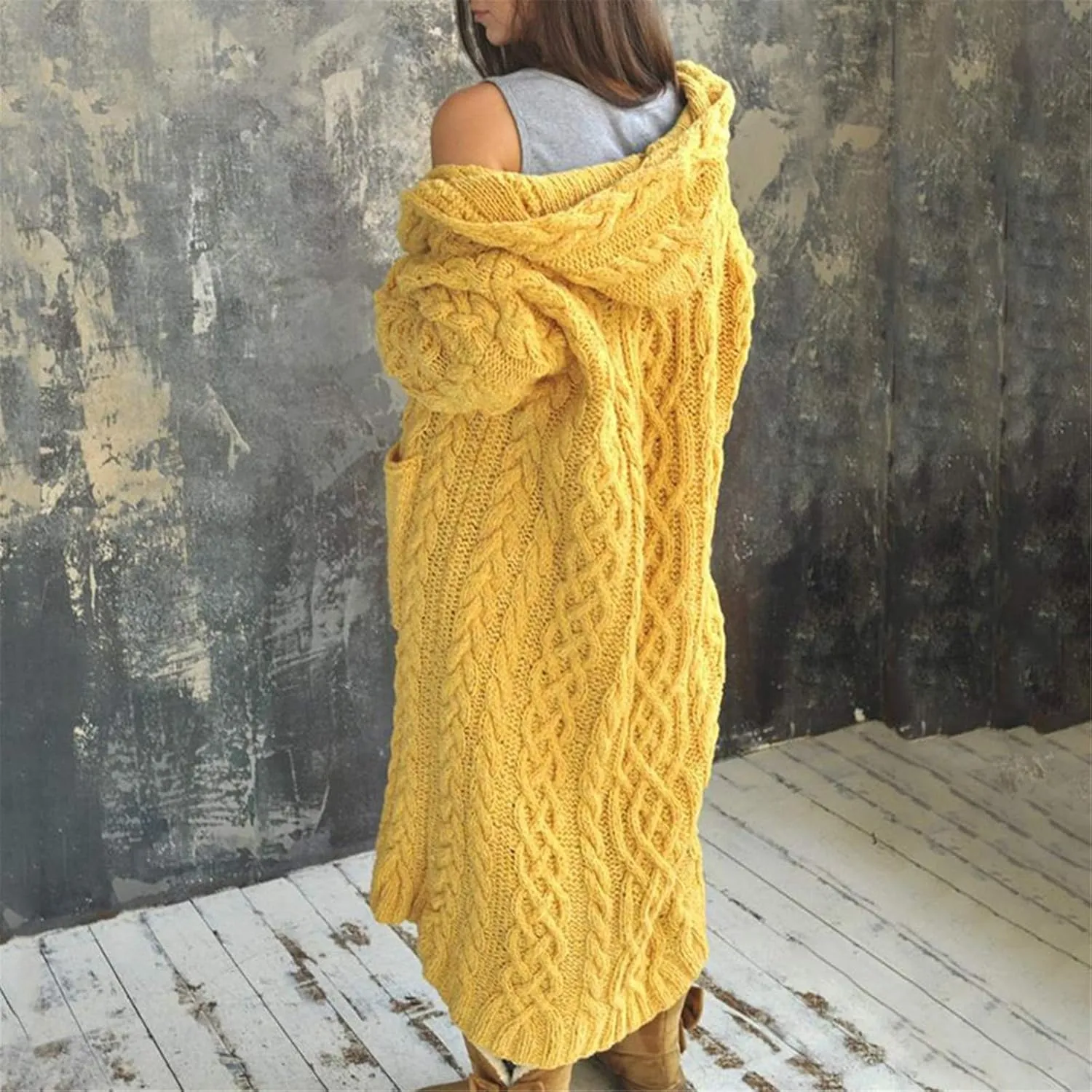 Women Winter Solid Knitted Cardigan Sweaters Plus Size Chunky Knit Sweater Loose Hooded Long Sweater Pocket Coats