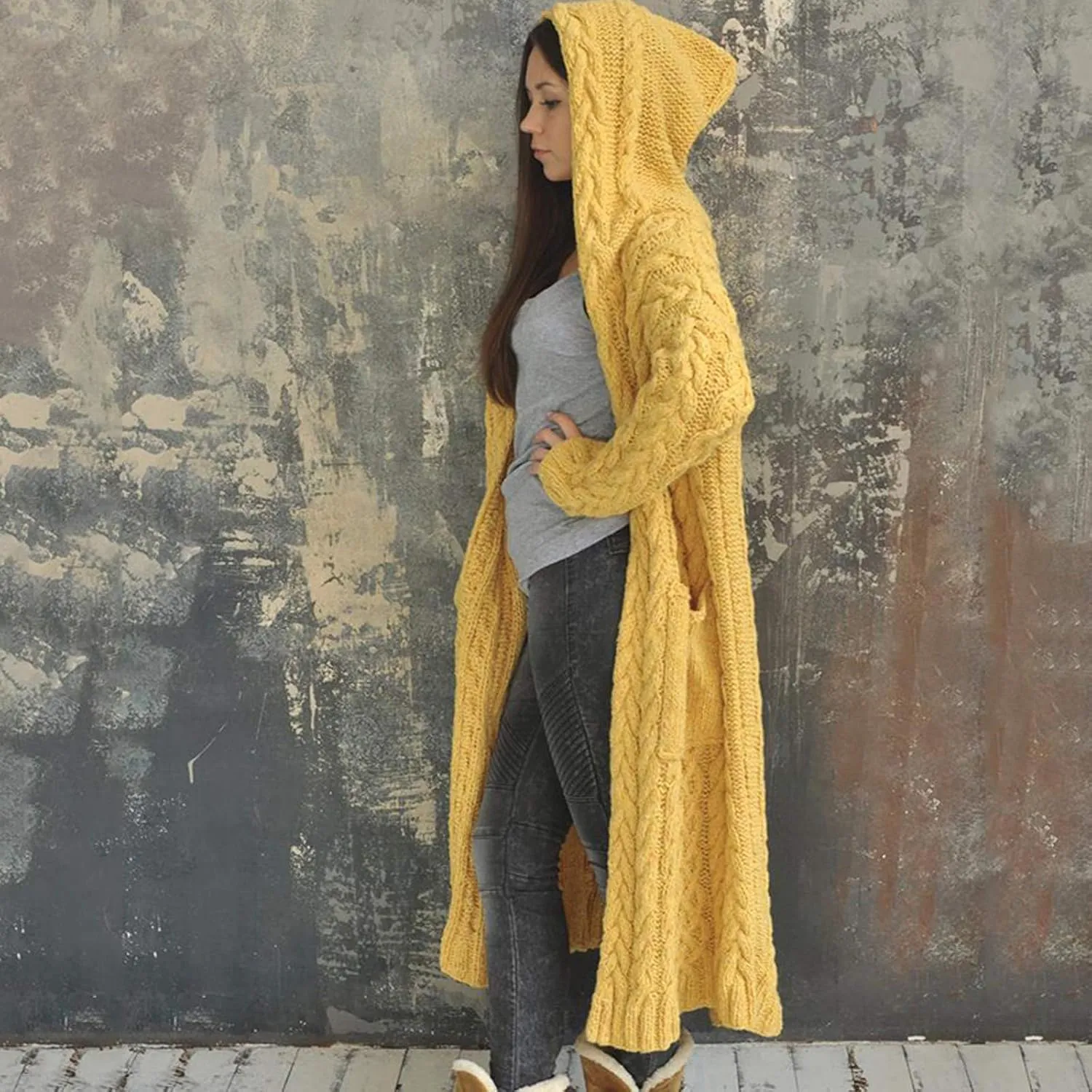 Women Winter Solid Knitted Cardigan Sweaters Plus Size Chunky Knit Sweater Loose Hooded Long Sweater Pocket Coats