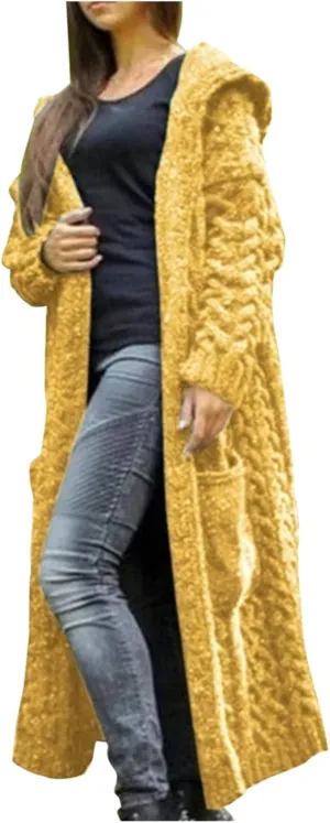 Women Winter Solid Knitted Cardigan Sweaters Plus Size Chunky Knit Sweater Loose Hooded Long Sweater Pocket Coats
