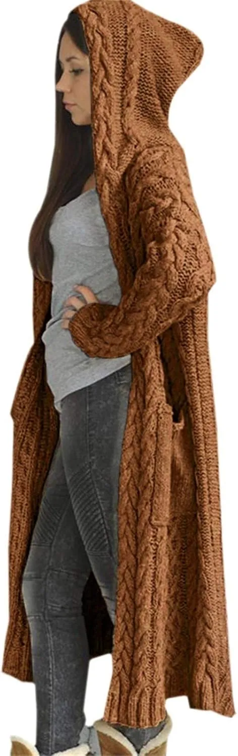 Women Winter Solid Knitted Cardigan Sweaters Plus Size Chunky Knit Sweater Loose Hooded Long Sweater Pocket Coats