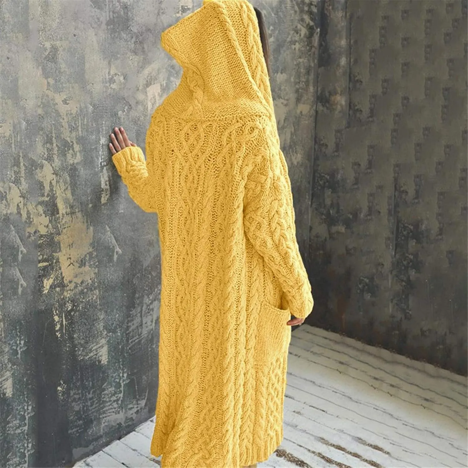 Women Winter Solid Knitted Cardigan Sweaters Plus Size Chunky Knit Sweater Loose Hooded Long Sweater Pocket Coats