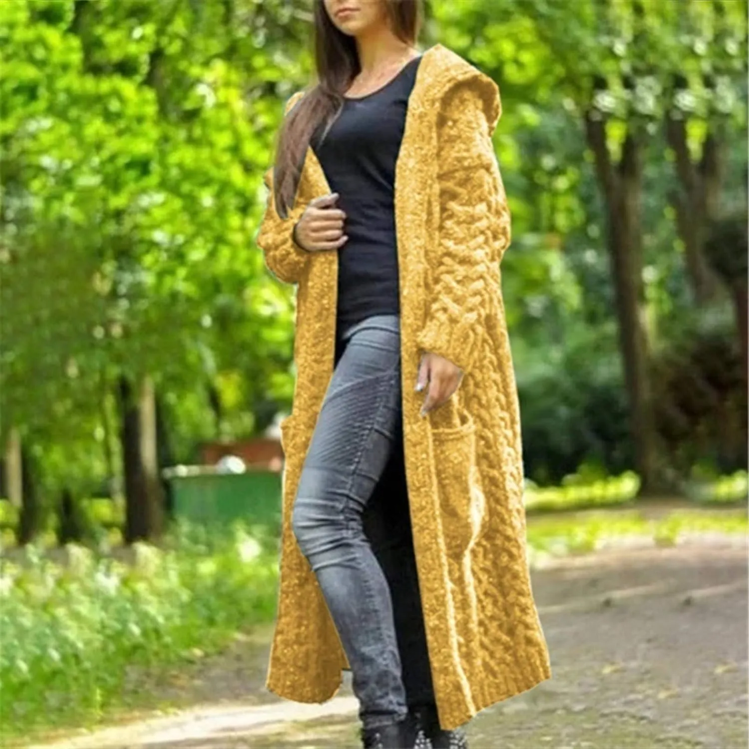 Women Winter Solid Knitted Cardigan Sweaters Plus Size Chunky Knit Sweater Loose Hooded Long Sweater Pocket Coats