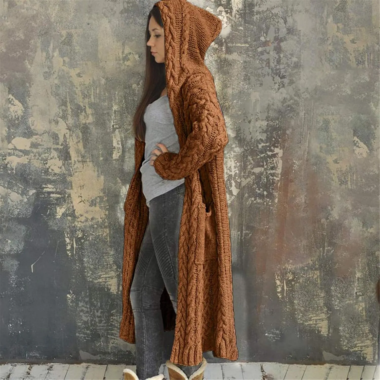 Women Winter Solid Knitted Cardigan Sweaters Plus Size Chunky Knit Sweater Loose Hooded Long Sweater Pocket Coats