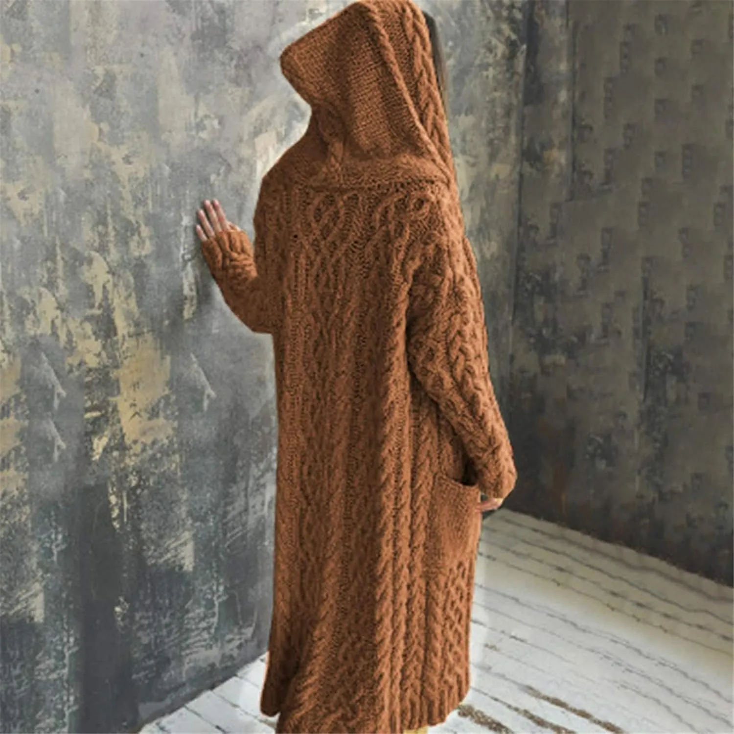 Women Winter Solid Knitted Cardigan Sweaters Plus Size Chunky Knit Sweater Loose Hooded Long Sweater Pocket Coats