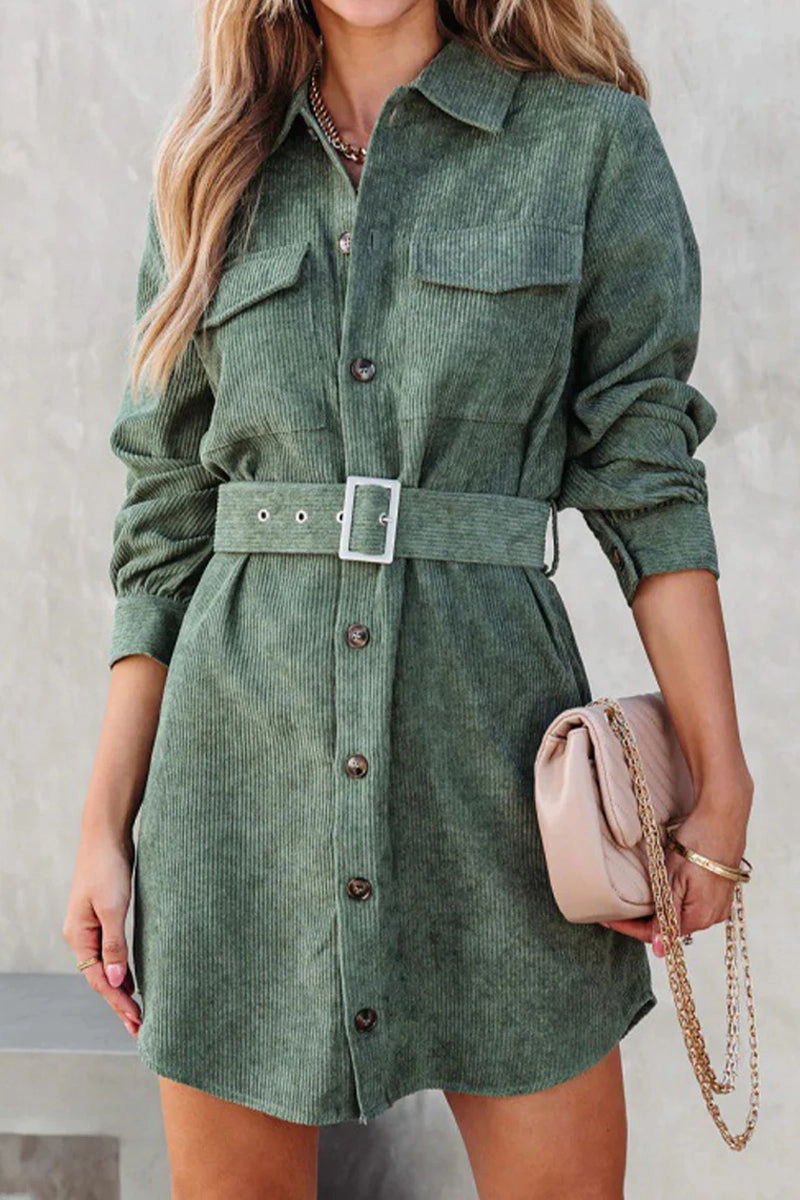 WOMEN BUTTON DOWN CORDUROY BELTED SHORT DRESS
