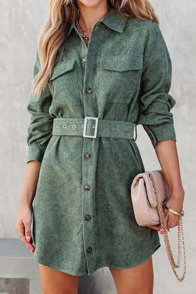 WOMEN BUTTON DOWN CORDUROY BELTED SHORT DRESS WOMEN BUTTON DOWN CORDUROY BELTED SHORT DRESS
