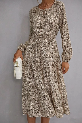 WOMEN BUTTON LACED NECK LEOPARD DRESS WOMEN BUTTON LACED NECK LEOPARD DRESS