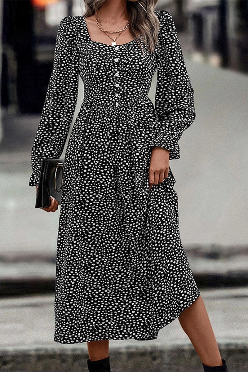 WOMEN DEEP SQUARE NECK LONG SLEEVE PATTERN DRESS