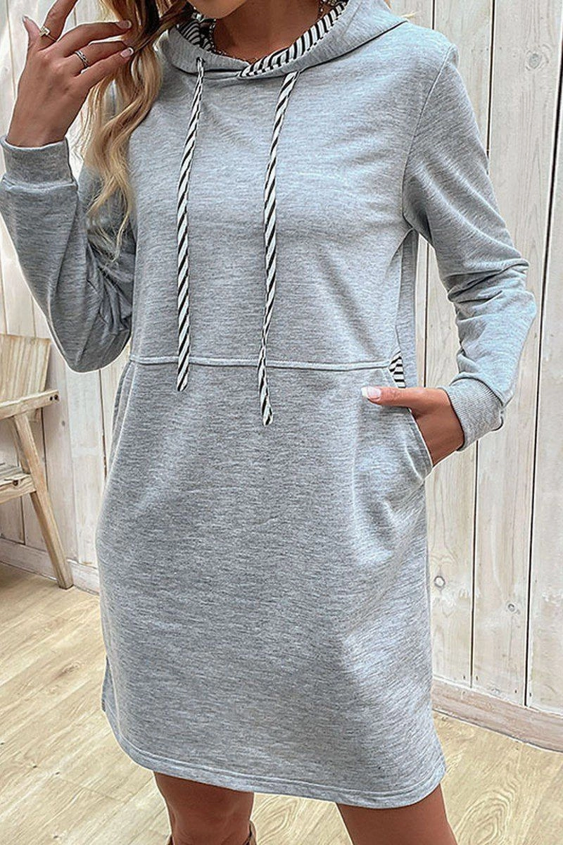 WOMEN DRAWSTRING HOODED SIDE POCKET MID DRESS