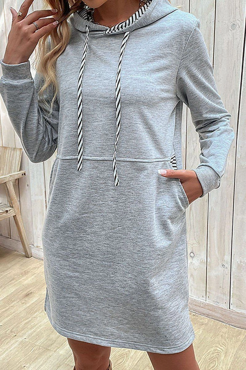 WOMEN DRAWSTRING HOODED SIDE POCKET MID DRESS