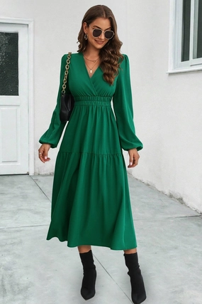 WOMEN ELASTIC WAIST V NECK LONG SLEEVE MAXI DRESS WOMEN ELASTIC WAIST V NECK LONG SLEEVE MAXI DRESS