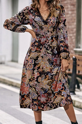 WOMEN LACE TRIM V NECK LONG SLEEVE BOHO DRESS WOMEN LACE TRIM V NECK LONG SLEEVE BOHO DRESS