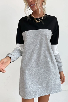 WOMEN LONG SLEEVE COLOR BLOCK COZY SHOR DRESS WOMEN LONG SLEEVE COLOR BLOCK COZY SHOR DRESS