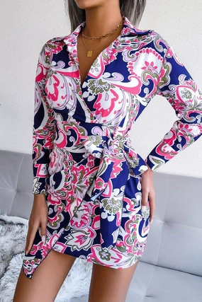WOMEN LONGSLEEVE PRINTED LACE UP SHIRT DRESS WOMEN LONGSLEEVE PRINTED LACE UP SHIRT DRESS