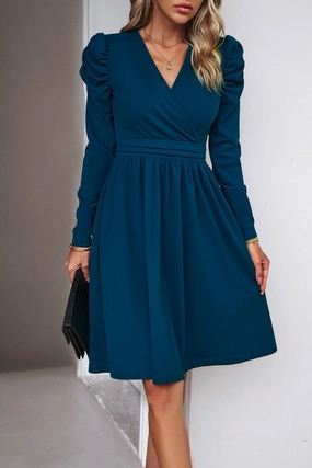 WOMEN PUFF SLEEVE V NECK WARP STYLE SWING DRESS WOMEN PUFF SLEEVE V NECK WARP STYLE SWING DRESS