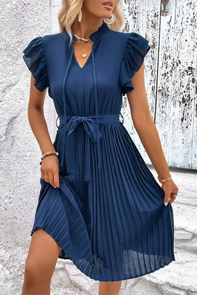 WOMEN RUFFLED HIGH NECK PLEATED KNEE LENGTH DRESS WOMEN RUFFLED HIGH NECK PLEATED KNEE LENGTH DRESS