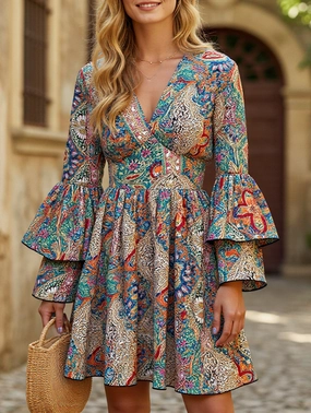 Women's Floral Print V-Neck Bell Sleeve Dress Women's Floral Print V-Neck Bell Sleeve Dress