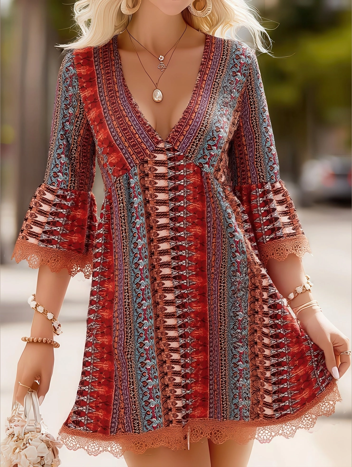 Women's V-Neck Ethnic Print Loose Short Dress ??Bohemian Summer Casual Dress