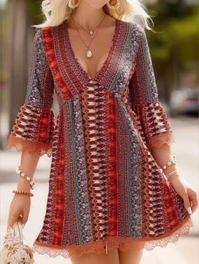 Women's V-Neck Ethnic Print Loose Short Dress ??Bohemian Summer Casual Dress Women's V-Neck Ethnic Print Loose Short Dress ??Bohemian Summer Casual Dress