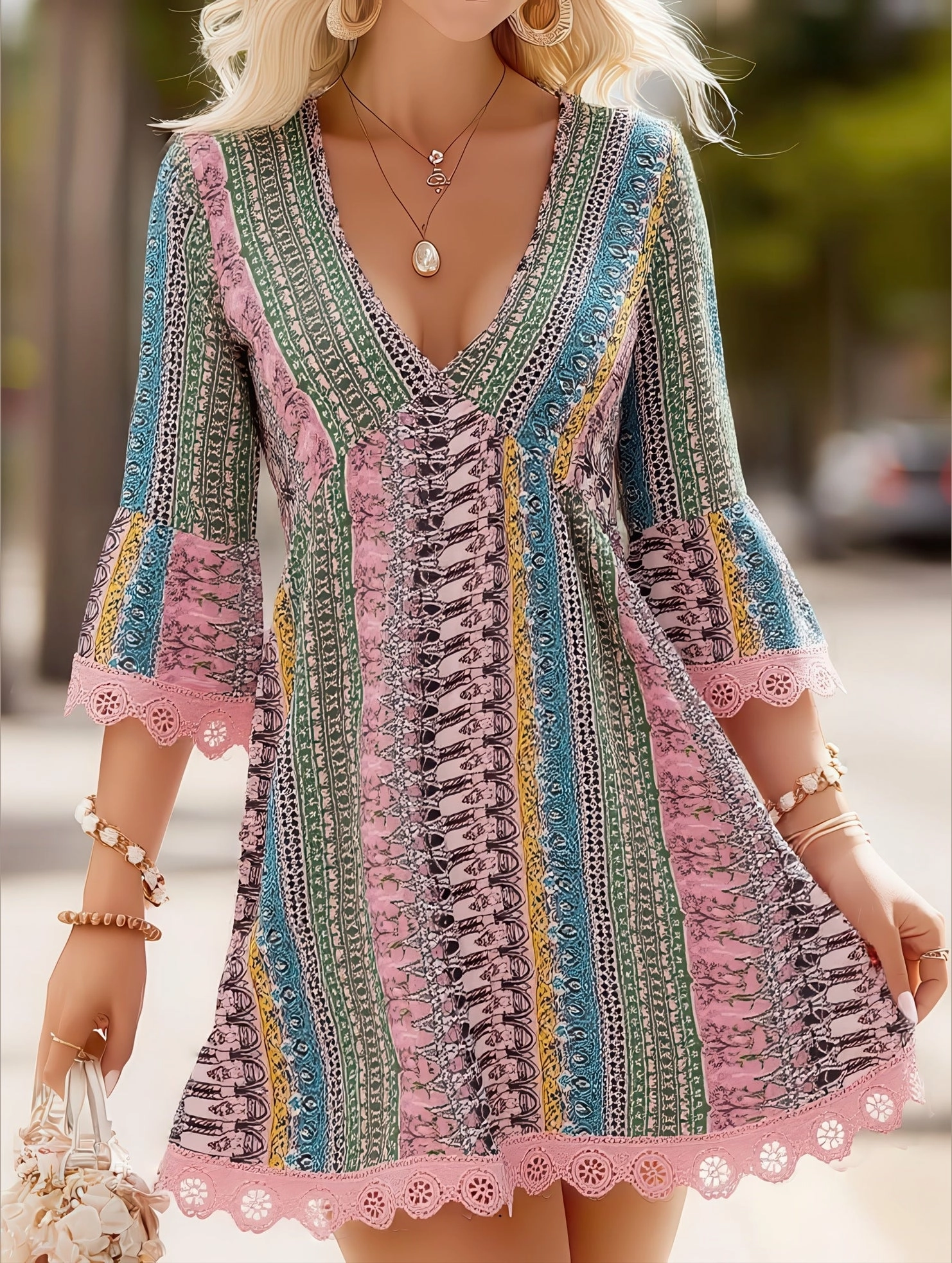 Women's V-Neck Ethnic Print Loose Short Dress ??Bohemian Summer Casual Dress