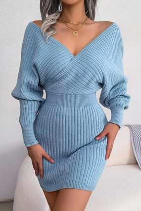 WOMEN SEXY WRAP SLIM WAIST KNITTED SHORT DRESS WOMEN SEXY WRAP SLIM WAIST KNITTED SHORT DRESS
