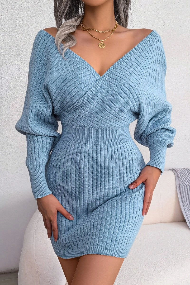 WOMEN SEXY WRAP SLIM WAIST KNITTED SHORT DRESS
