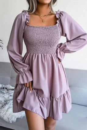 WOMEN SMOCKED FRILL SLEEVE LOOSE FIT RUFFLE DRESS WOMEN SMOCKED FRILL SLEEVE LOOSE FIT RUFFLE DRESS