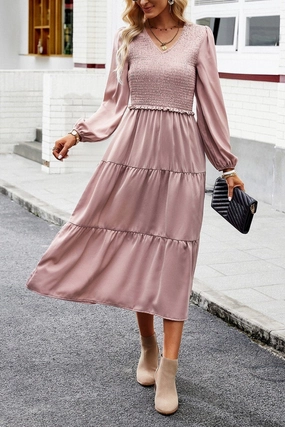 WOMEN SMOCKED LONG SLEEVE TIERED CAKE FLOWY DRESS WOMEN SMOCKED LONG SLEEVE TIERED CAKE FLOWY DRESS