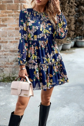 WOMEN SMOCKED NECK FLORAL LONG SLEEVE MINI DRESS WOMEN SMOCKED NECK FLORAL LONG SLEEVE MINI DRESS