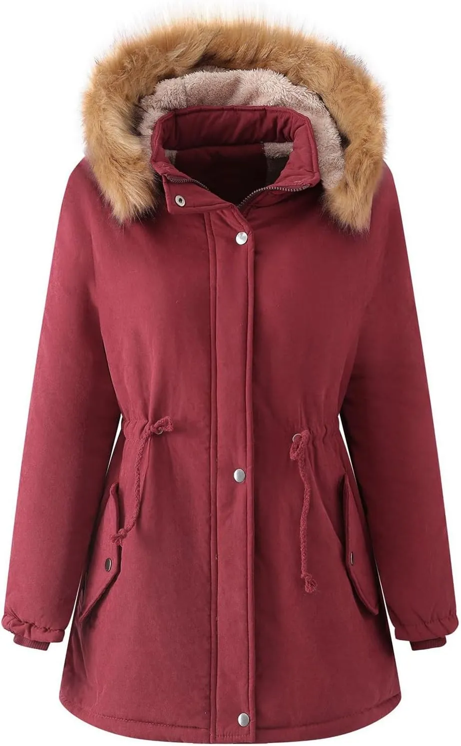 Womens 2024 Long Sleeve Button Drawstring Jacket Zip Up Removable Hoodie Pockets Coat Thick Warm Fitted Coat Outwear