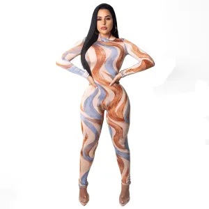 Women's Autumn Casual Polyester Jumpsuit With Print