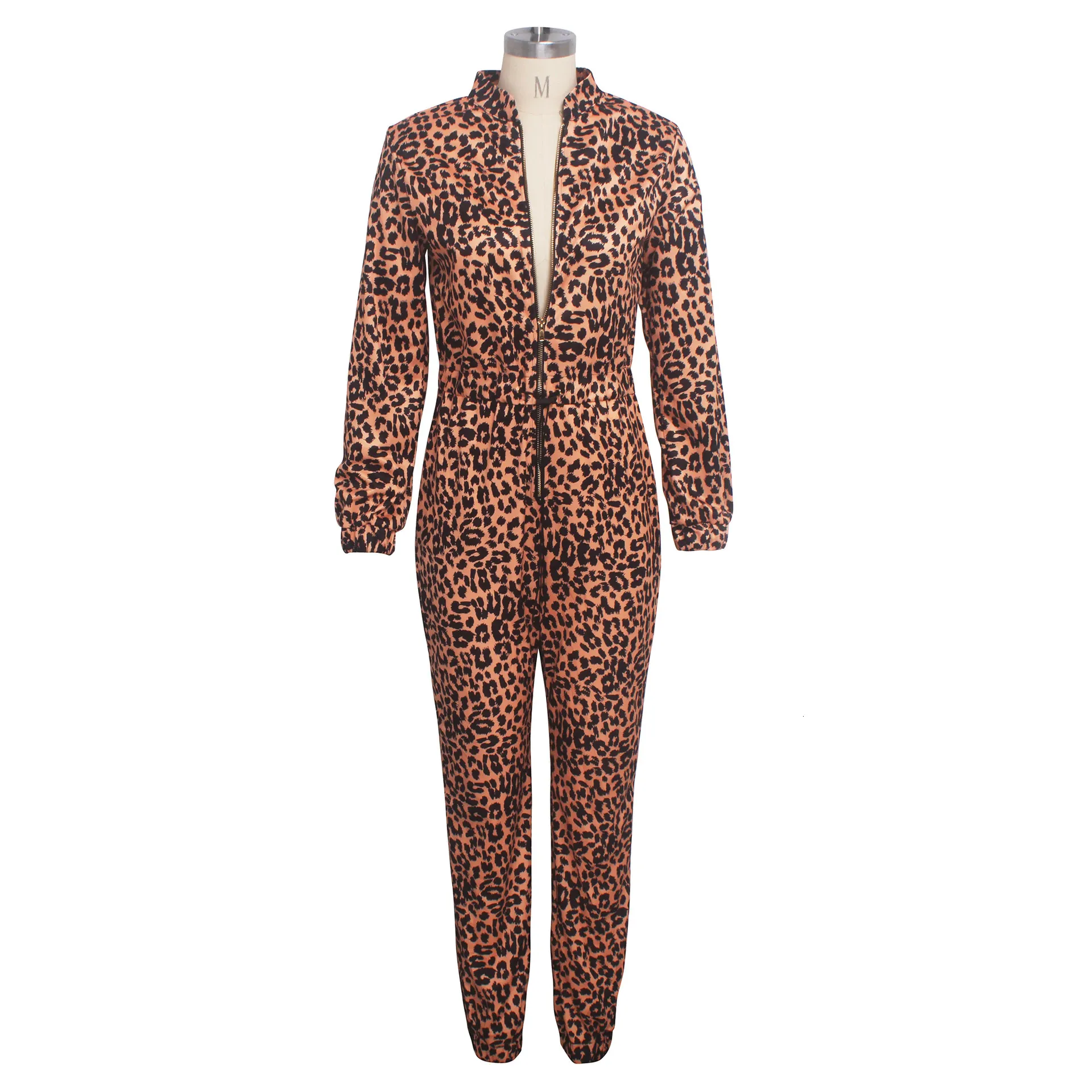 Women's  Autumn Polyester Skinny Leopard V-Neck Jumpsuit