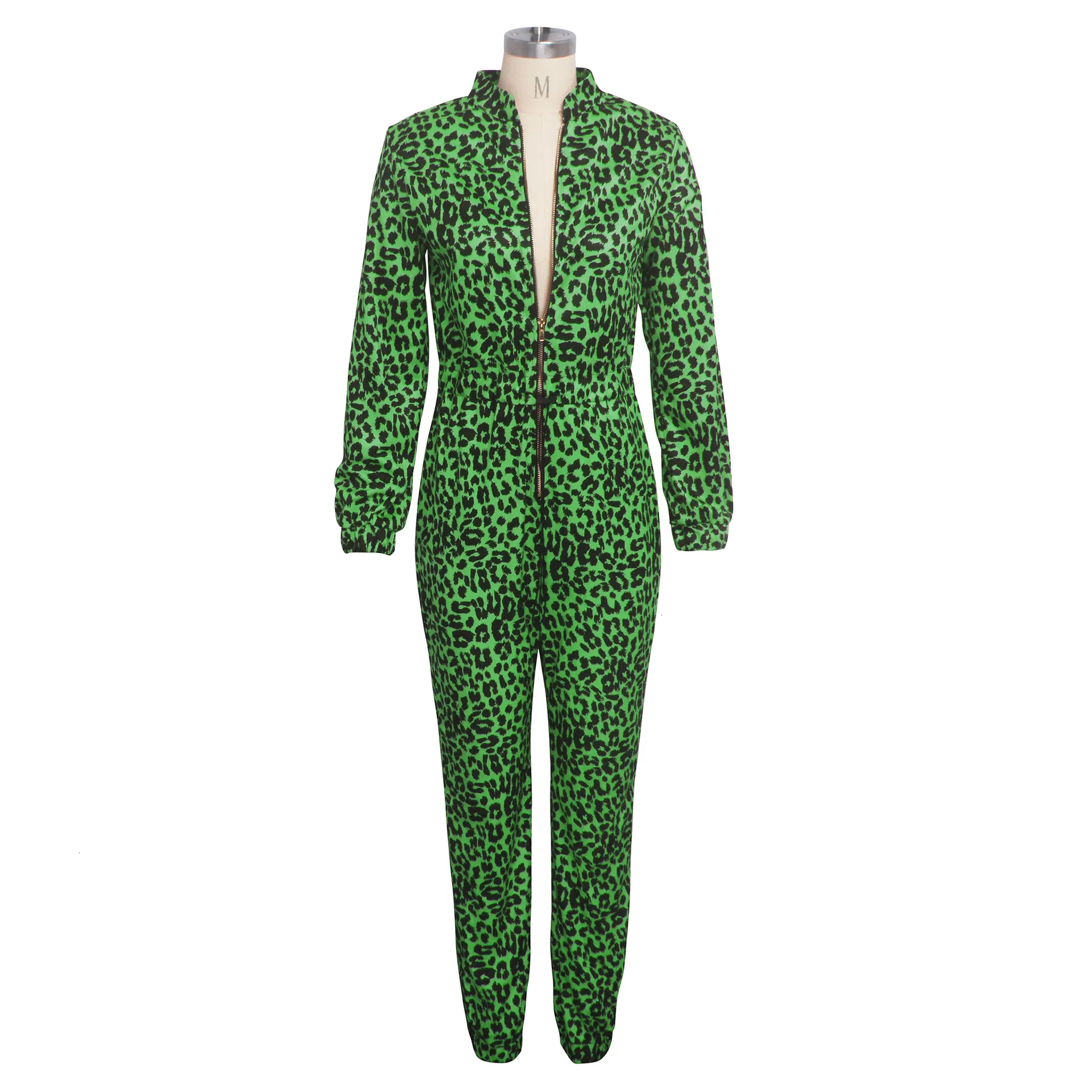 Women's  Autumn Polyester Skinny Leopard V-Neck Jumpsuit