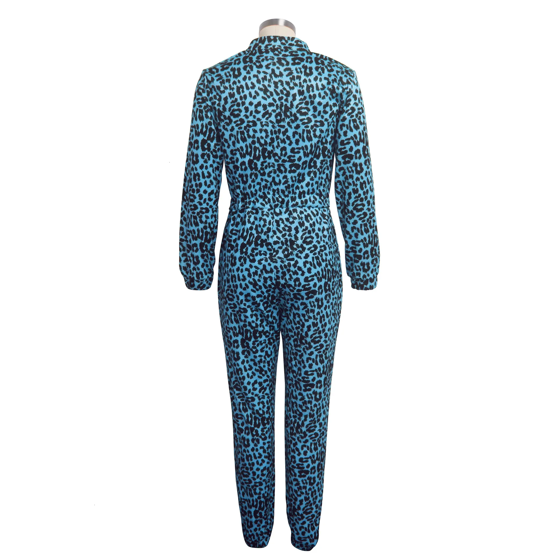 Women's  Autumn Polyester Skinny Leopard V-Neck Jumpsuit
