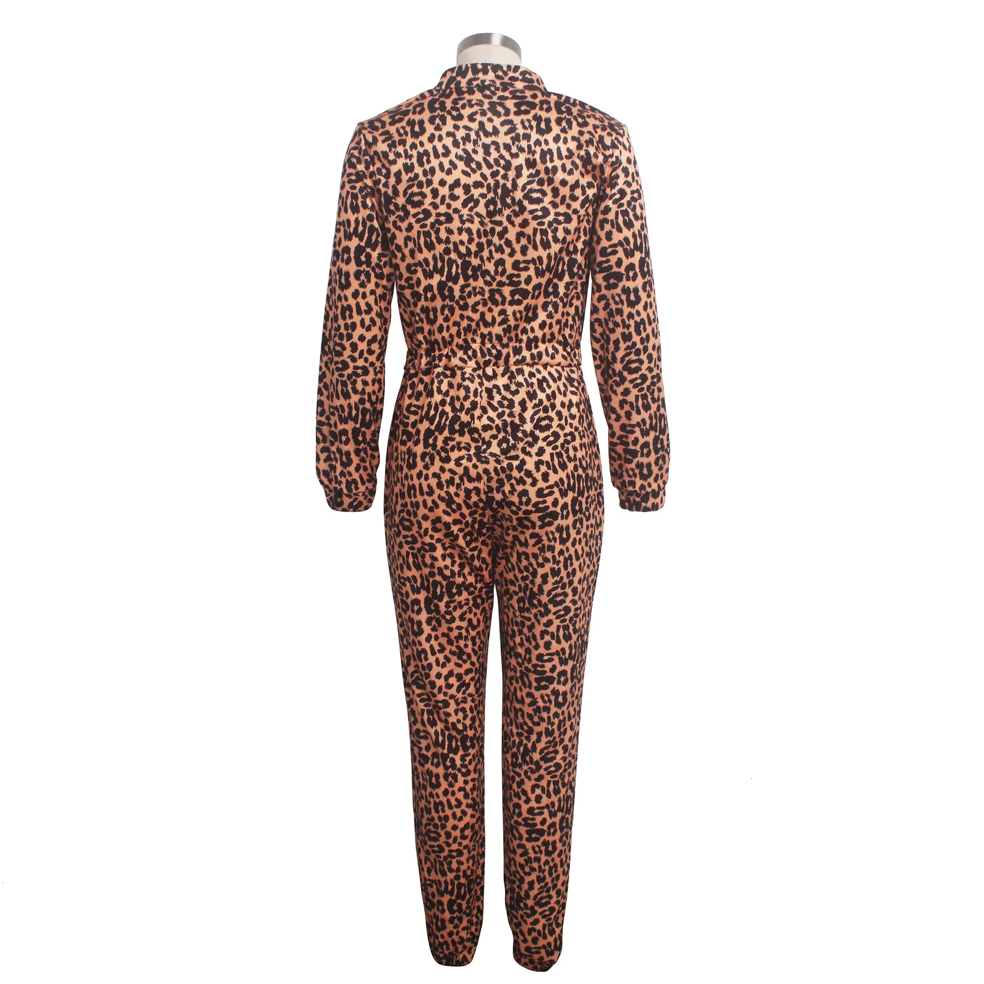 Women's  Autumn Polyester Skinny Leopard V-Neck Jumpsuit
