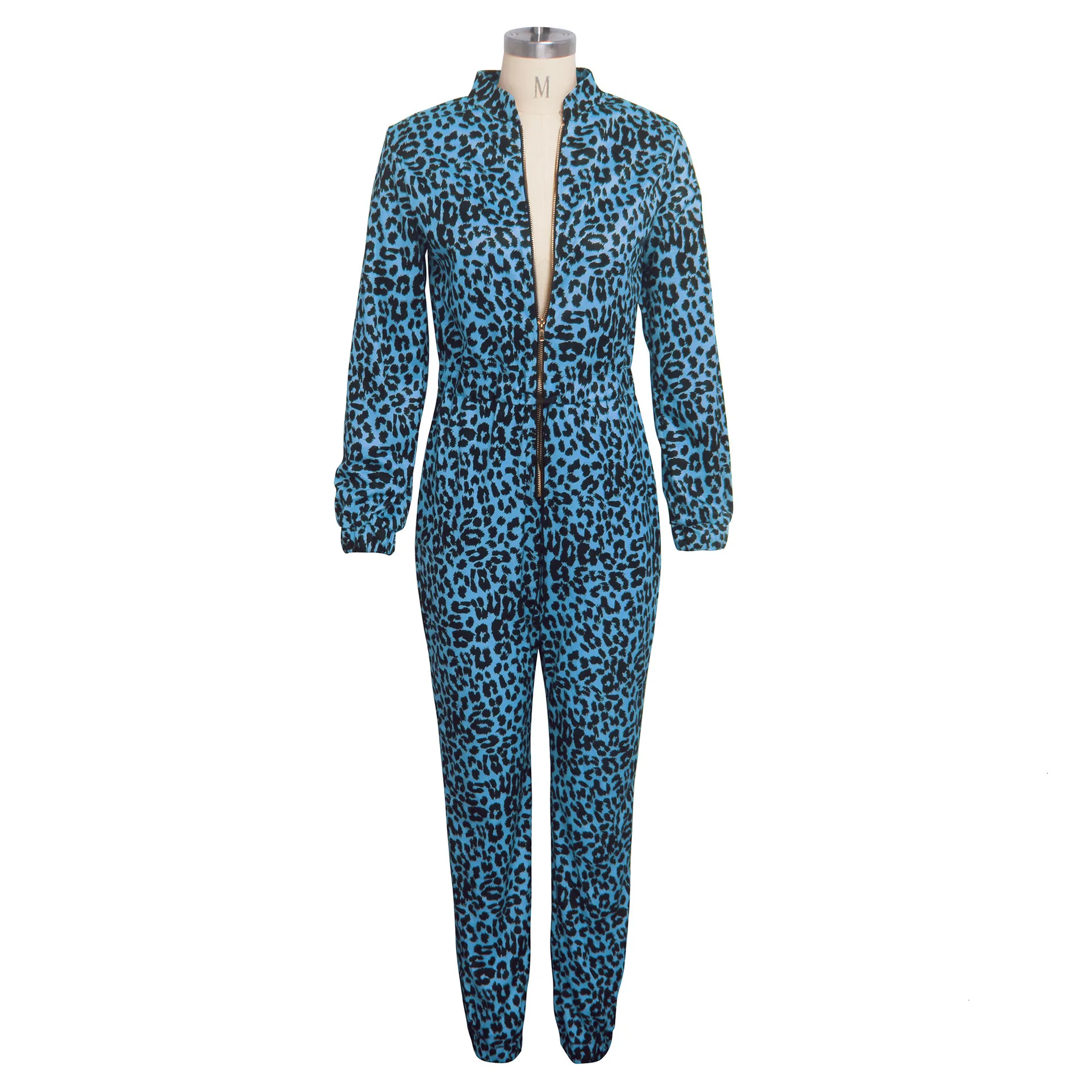 Women's  Autumn Polyester Skinny Leopard V-Neck Jumpsuit