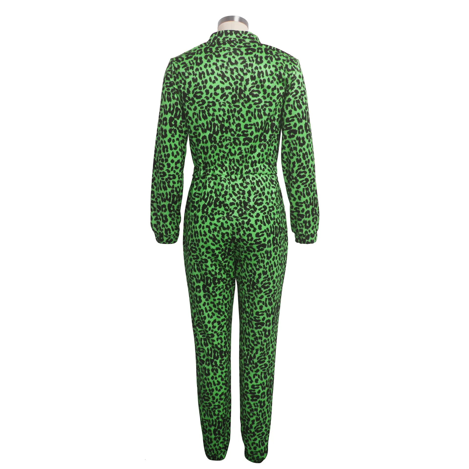 Women's  Autumn Polyester Skinny Leopard V-Neck Jumpsuit