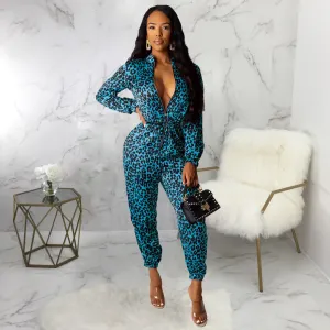 Women's  Autumn Polyester Skinny Leopard V-Neck Jumpsuit
