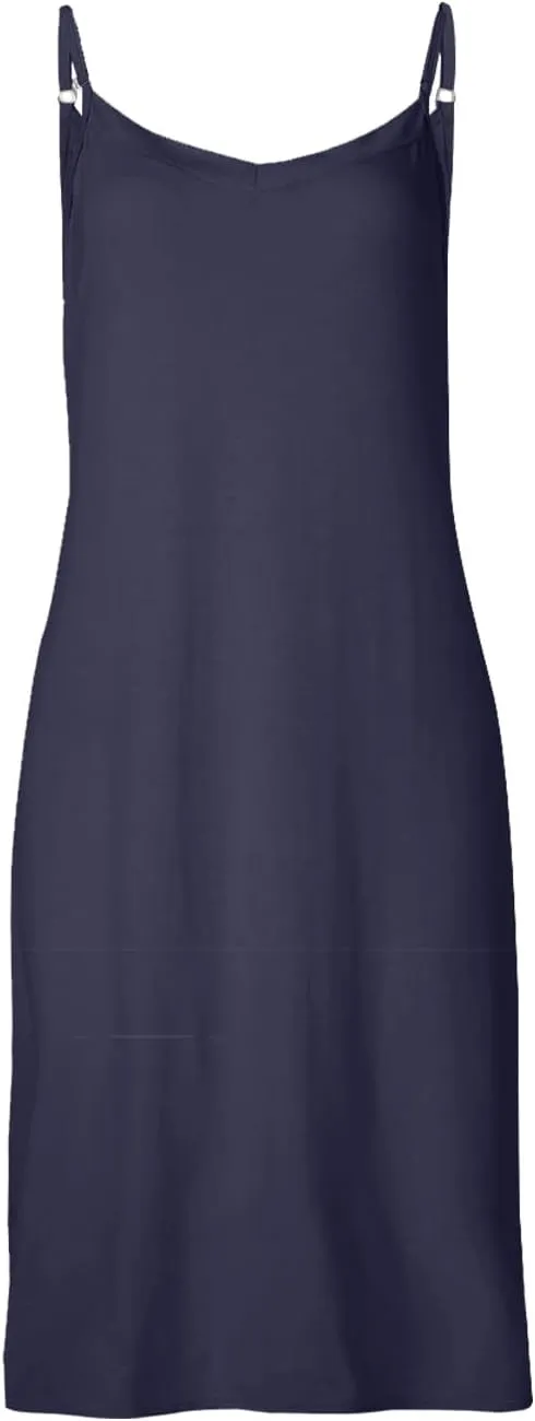 Women's Basic Full Slip Adjustable Spaghetti Strap Camisole Midi Dress Casual Sleeveless Deep V Nightgown