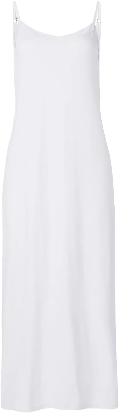 Women's Basic Full Slip Adjustable Spaghetti Strap Camisole Midi Dress Casual Sleeveless Deep V Nightgown