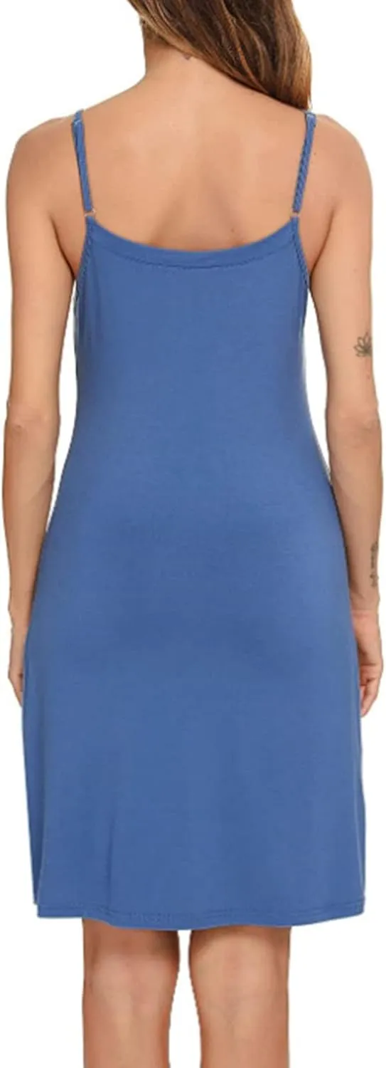 Women's Basic Full Slip Adjustable Spaghetti Strap Camisole Midi Dress Casual Sleeveless Deep V Nightgown