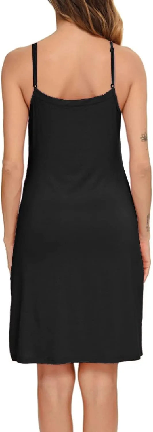Women's Basic Full Slip Adjustable Spaghetti Strap Camisole Midi Dress Casual Sleeveless Deep V Nightgown