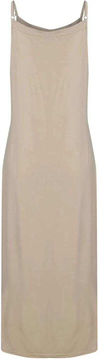 Women's Basic Full Slip Adjustable Spaghetti Strap Camisole Midi Dress Casual Sleeveless Deep V Nightgown