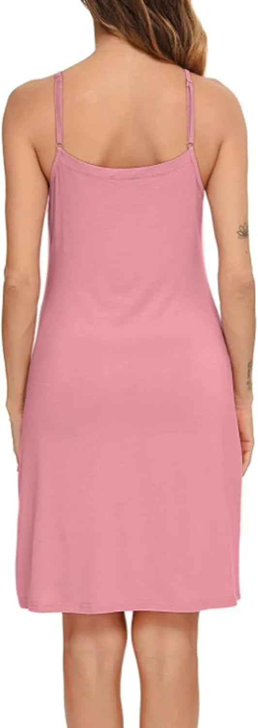 Women's Basic Full Slip Adjustable Spaghetti Strap Camisole Midi Dress Casual Sleeveless Deep V Nightgown
