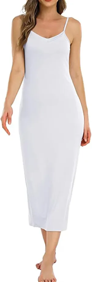 Women's Basic Full Slip Adjustable Spaghetti Strap Camisole Midi Dress Casual Sleeveless Deep V Nightgown