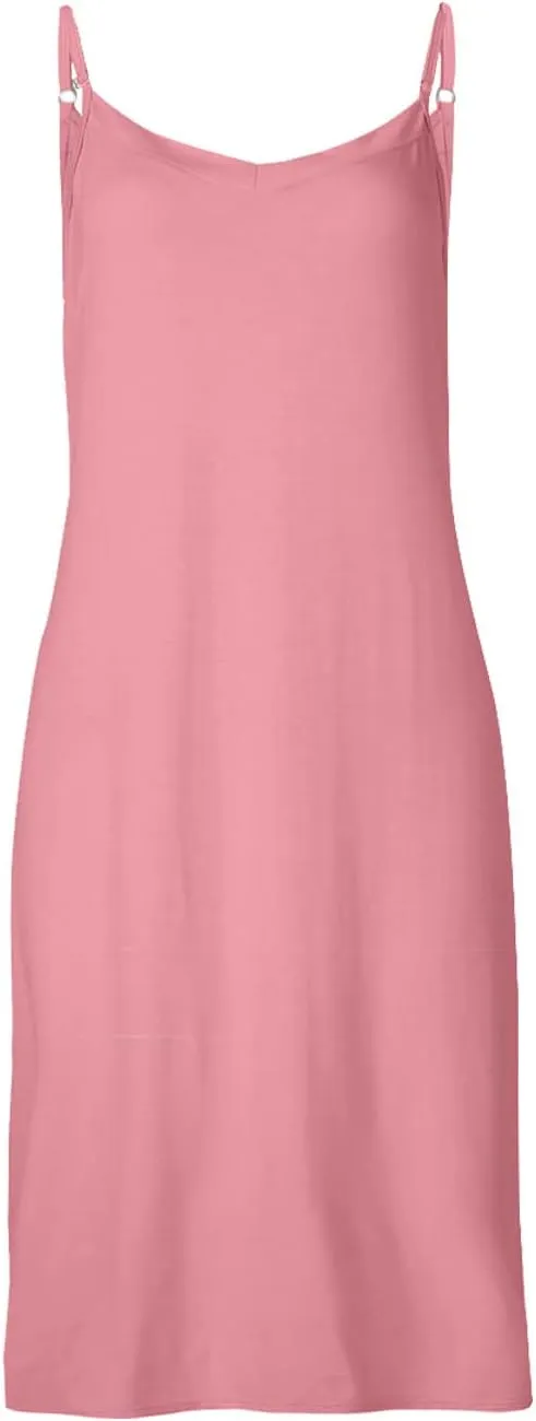 Women's Basic Full Slip Adjustable Spaghetti Strap Camisole Midi Dress Casual Sleeveless Deep V Nightgown