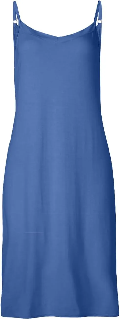 Women's Basic Full Slip Adjustable Spaghetti Strap Camisole Midi Dress Casual Sleeveless Deep V Nightgown