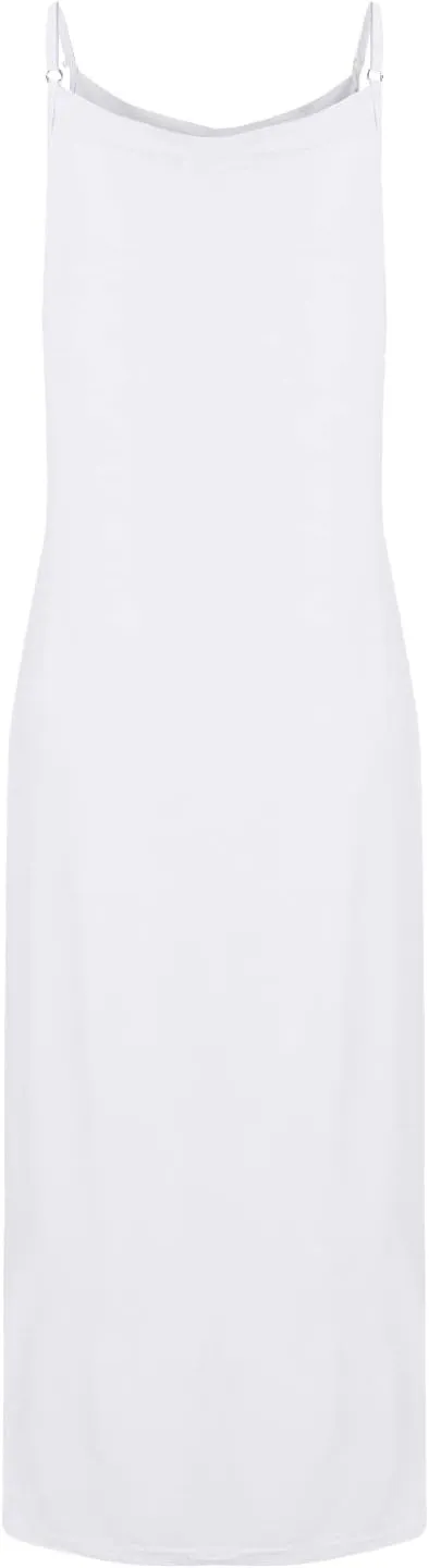 Women's Basic Full Slip Adjustable Spaghetti Strap Camisole Midi Dress Casual Sleeveless Deep V Nightgown